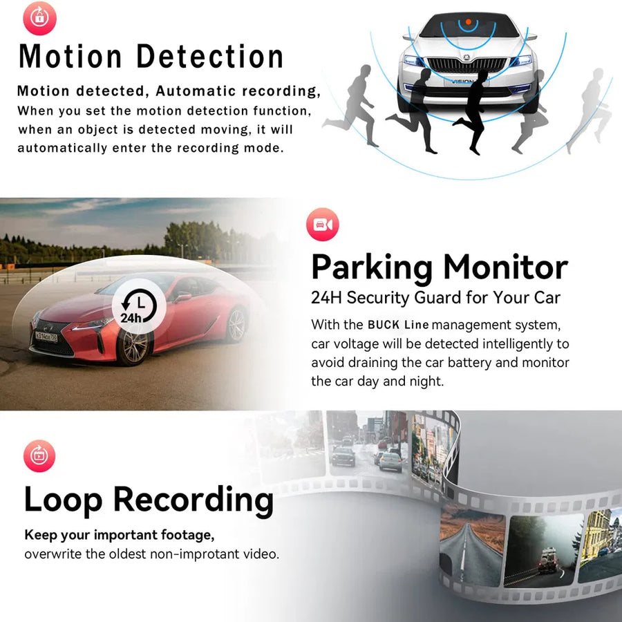3-Channel HD 1080P Car Dash Cam, Front, Rear and Cabin Recording with G-Sensor
