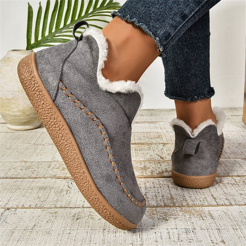 Women's V-Cut Plush Lined Suede Ankle Snow Boots, Warm Flat Winter Boots