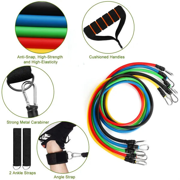 11-Piece Resistance Bands Set - Stackable Exercise Tubes up to 100lbs with Handles, Door Anchor & Ankle Straps