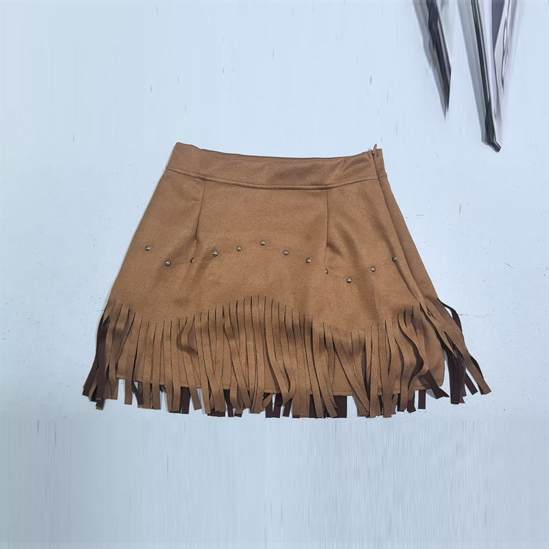 Women's Western Fringe A-Line Mini Skirt with Decorative Buttons