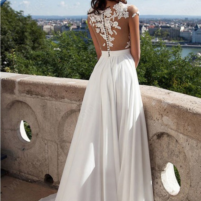 White Lace Bridal Maxi Dress with Side Slit Elegant Wedding Gown for Women