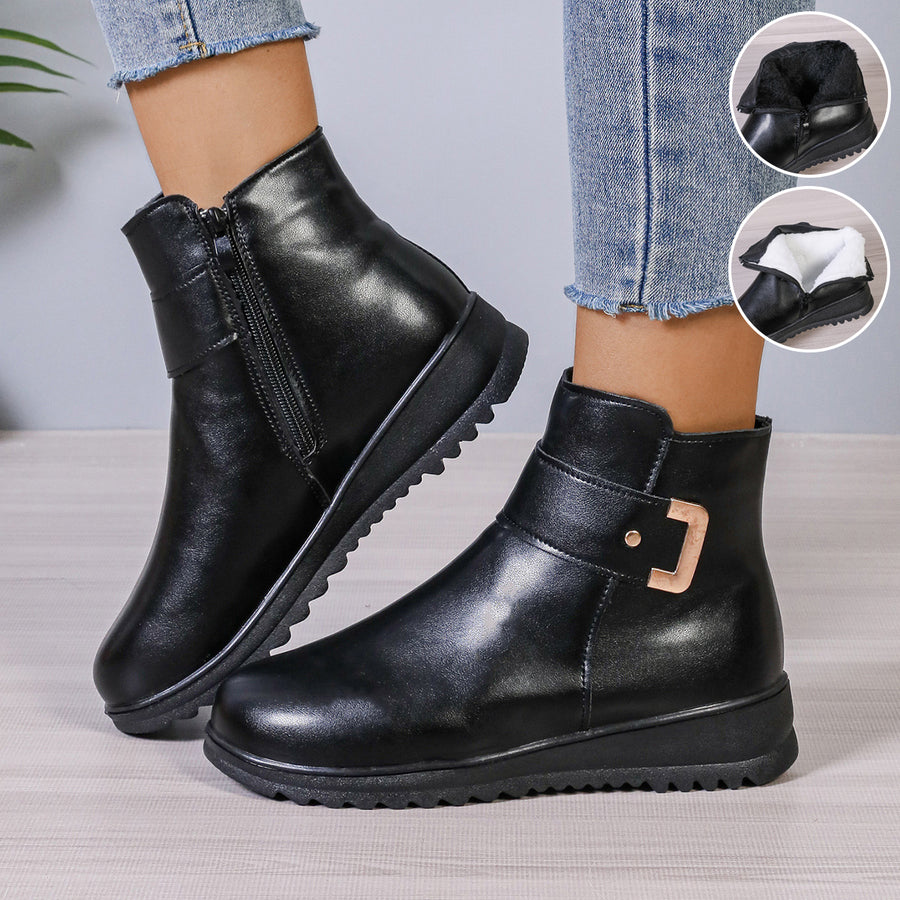 Women's Fleece Lined Non-Slip Ankle Boots with Side Zipper, Warm Winter Shoes
