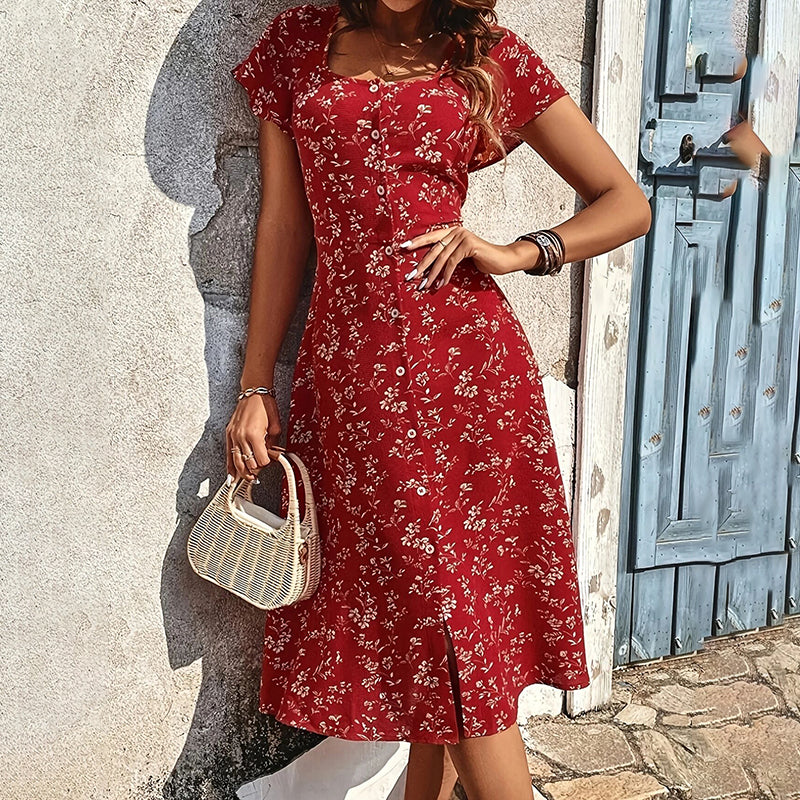 Women's Floral Print Button Up Split Maxi Dress Flowy Bohemian Long Dress