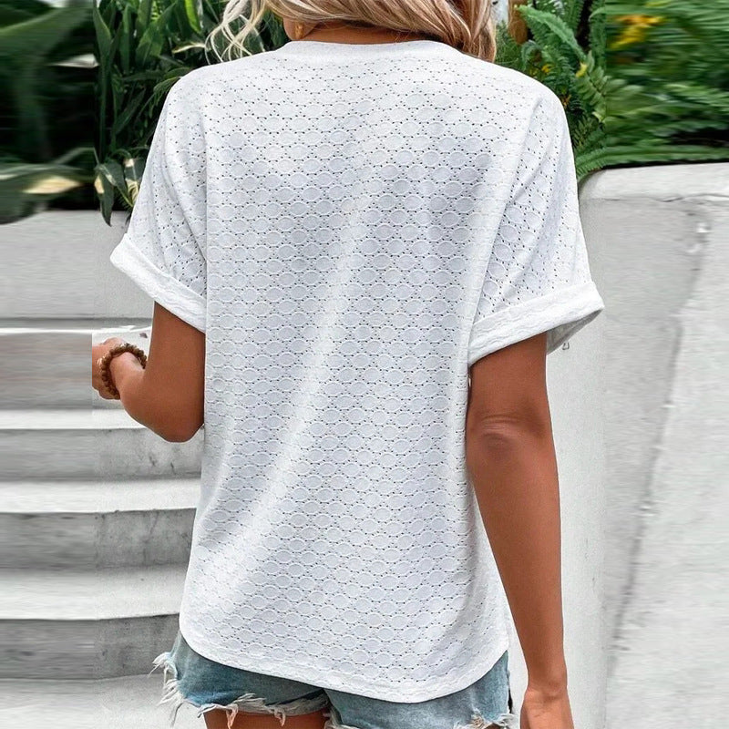 Women's Casual V-Neck Button Front Short Sleeve Loose Fit Blouse