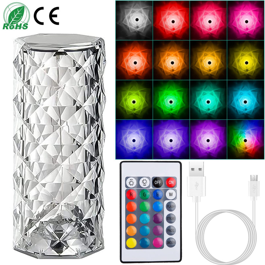 Crystal Diamond Rose Table Lamp, 16-Color Rechargeable Touch LED Night Light with Remote
