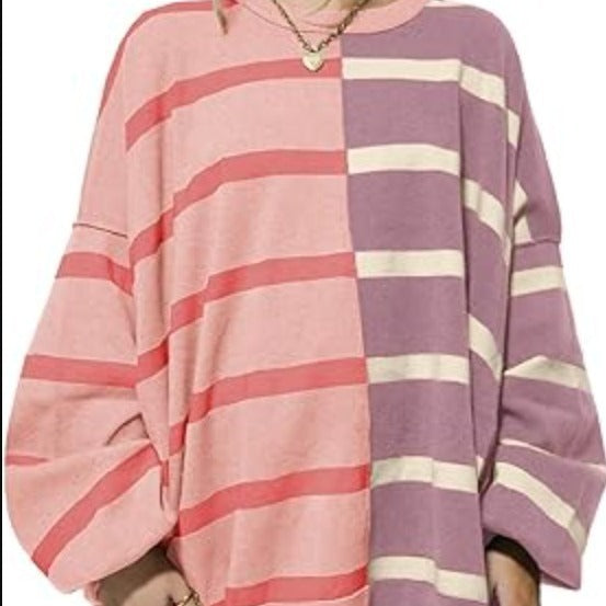 Women's Striped Knit Pullover Sweater Loose Long Sleeve Cozy Fall Top