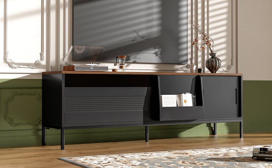 U-Can 70.8'' Modern TV Stand for TVs Up to 75" – Walnut, Metal Frame, Sliding Doors