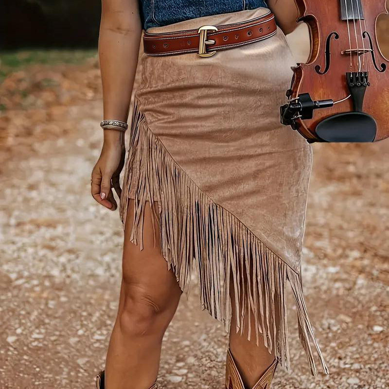 Women's Vintage Suede Fringe Hem Asymmetrical Boho Skirt