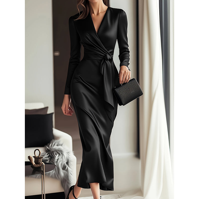 Women's Burgundy Satin V-Neck Long Sleeve Belted Bodycon Midi Cocktail Dress