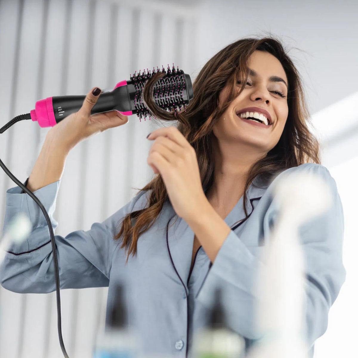 4-in-1 Hot Air Brush - Hair Dryer, Volumizer, Straightener & Curler with 3 Heat Settings