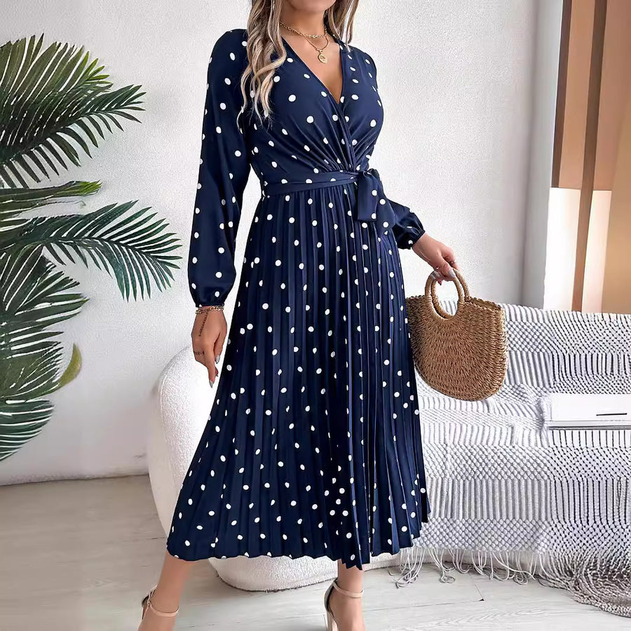 Women's Polka Dot Cross V-Neck Long Sleeve Pleated Maxi Bridesmaid Dress