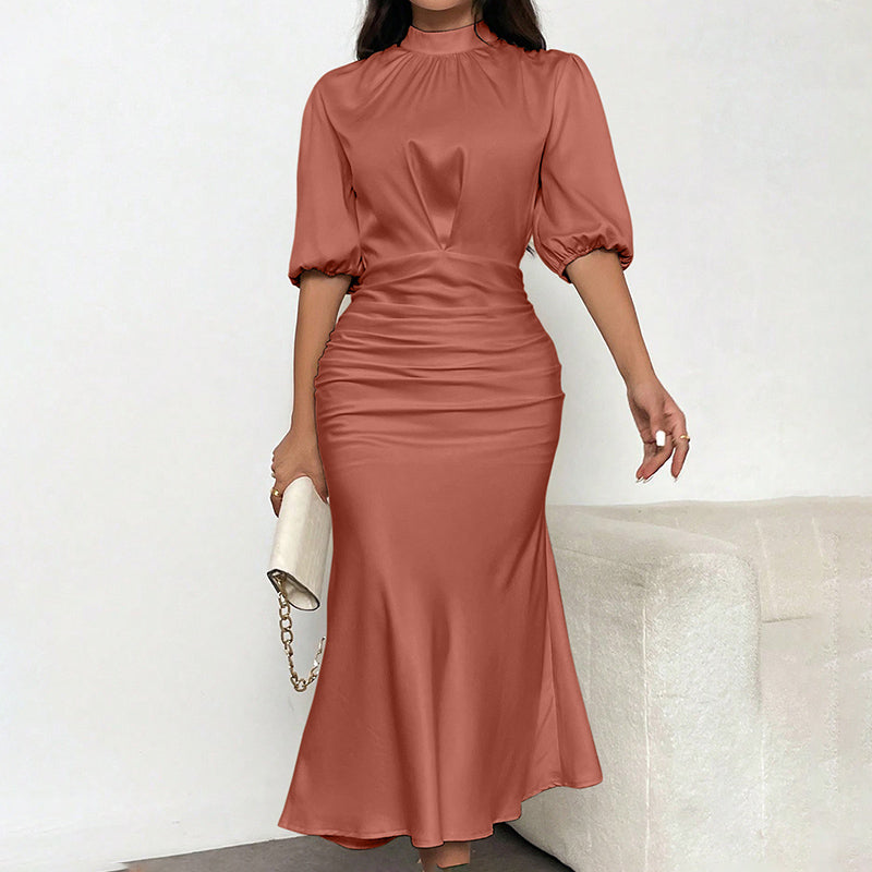 Women's Elegant Mock Neck Ruched Midi Dress Slim Fit Party Dress