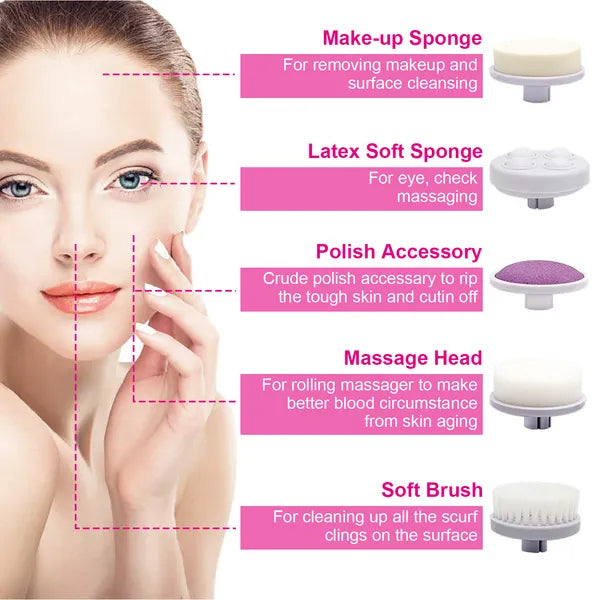 Electric Spin Facial Cleansing Brush with 5 Brush Heads - Exfoliating Face Scrubber & Massager