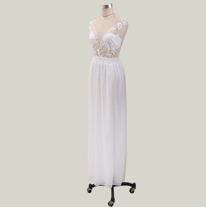 White Lace Bridal Maxi Dress with Side Slit Elegant Wedding Gown for Women