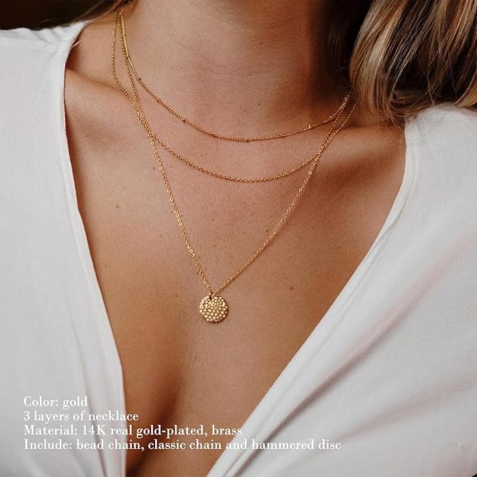 Hammered Coin Layered Necklace Set 14K Gold Plated Pearl Bar Ball Chain Choker