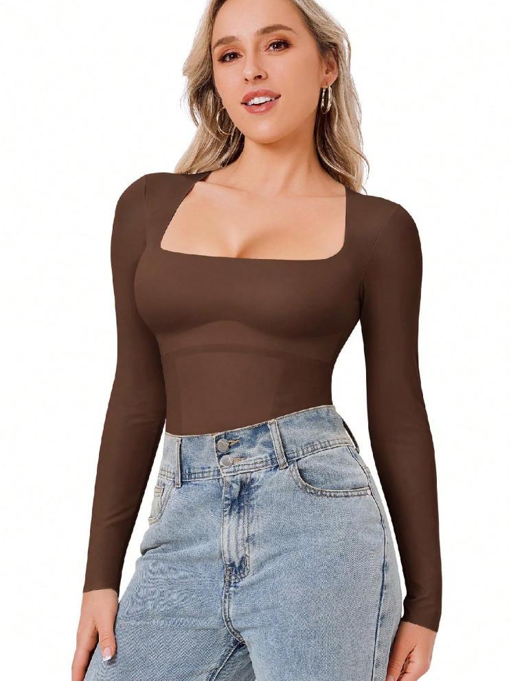 Women's Long Sleeve Square Neck Tummy Control Shaping Bodysuit