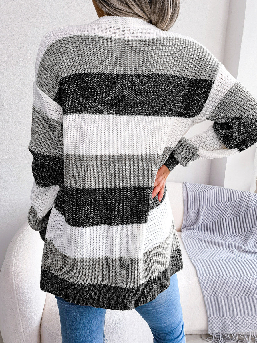 Women's Plaid Knit Cardigan Sweater with Lantern Sleeves