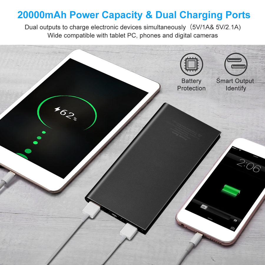 Ultra-Thin 20000mAh Power Bank, Dual USB Portable Phone Charger with LED Flashlight