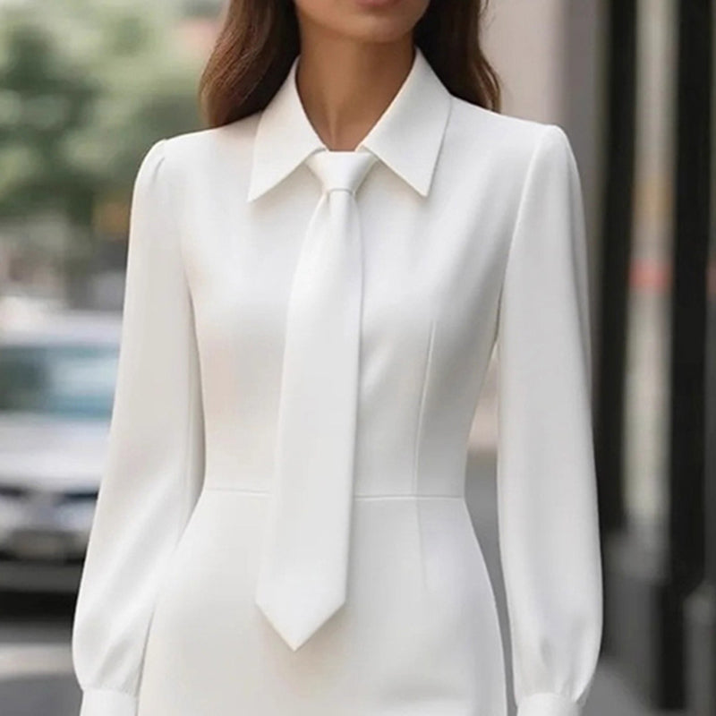 Women's Elegant Tie-Neck Belted Long Sleeve Midi Dress for Office & Formal Occasions