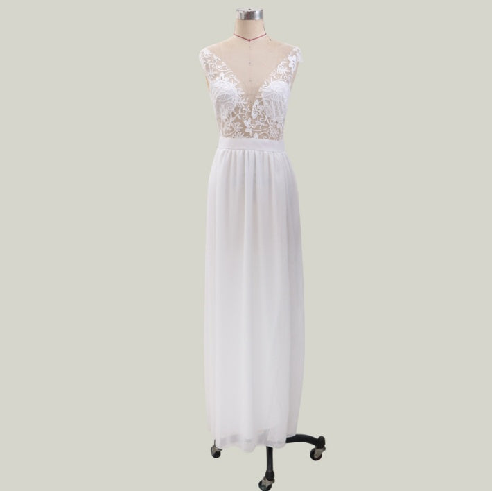 White Lace Bridal Maxi Dress with Side Slit Elegant Wedding Gown for Women