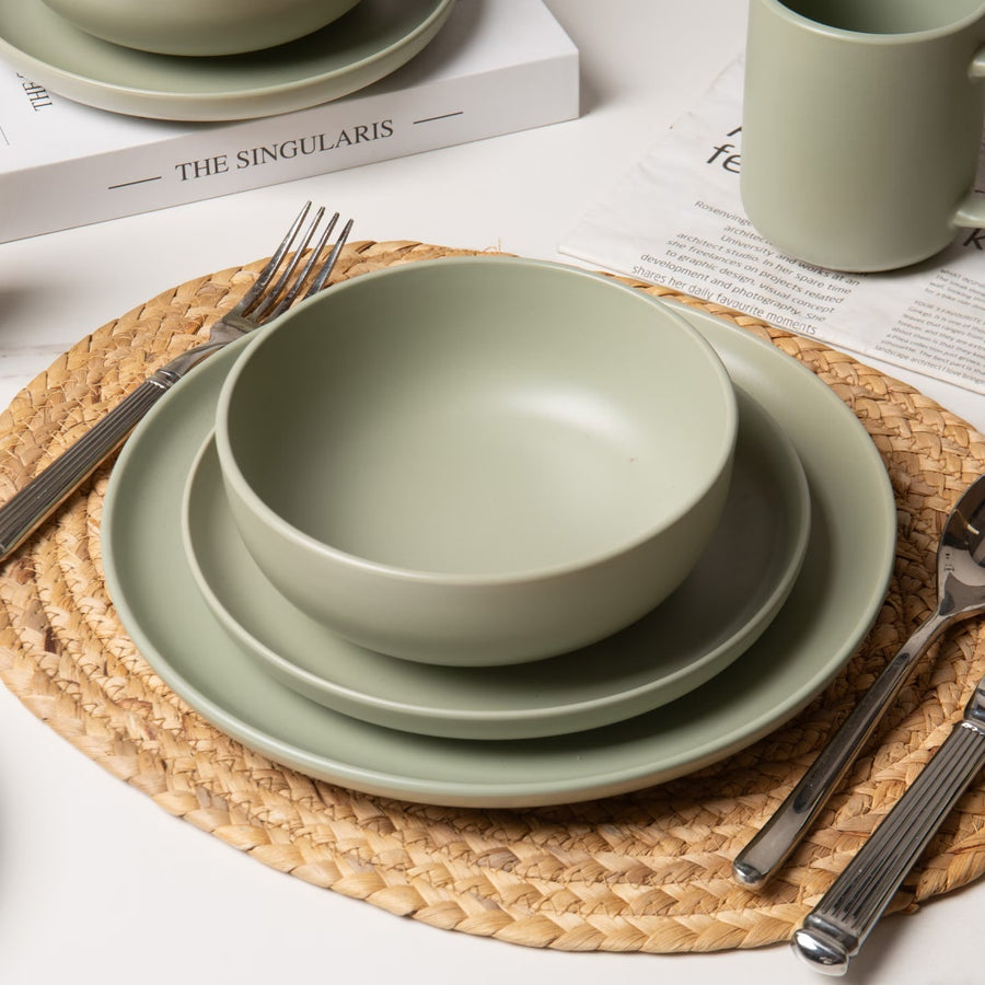 12-Piece Matte Stoneware Dinnerware Set with Mugs - Plates, Bowls & Mugs, Microwave & Dishwasher Safe