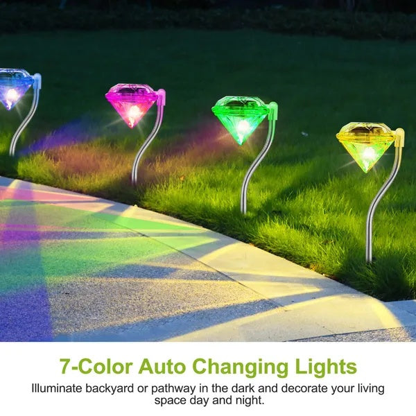 4-Pack Solar Diamond Garden Lights - 7-Color Changing Waterproof Pathway Stake Lights