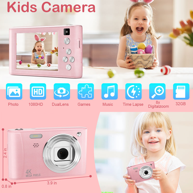 Kids Digital Camera 48MP 1080P with 32GB SD Card - Pink Christmas & Birthday Gift for Girls