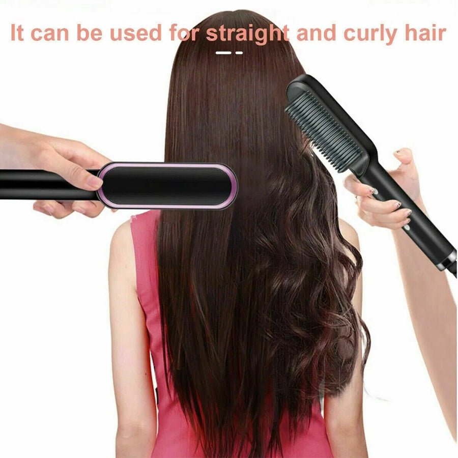 2-in-1 Ceramic Hair Straightener Brush - Heated Straightening Comb with 5 Heat Settings & Auto-Off