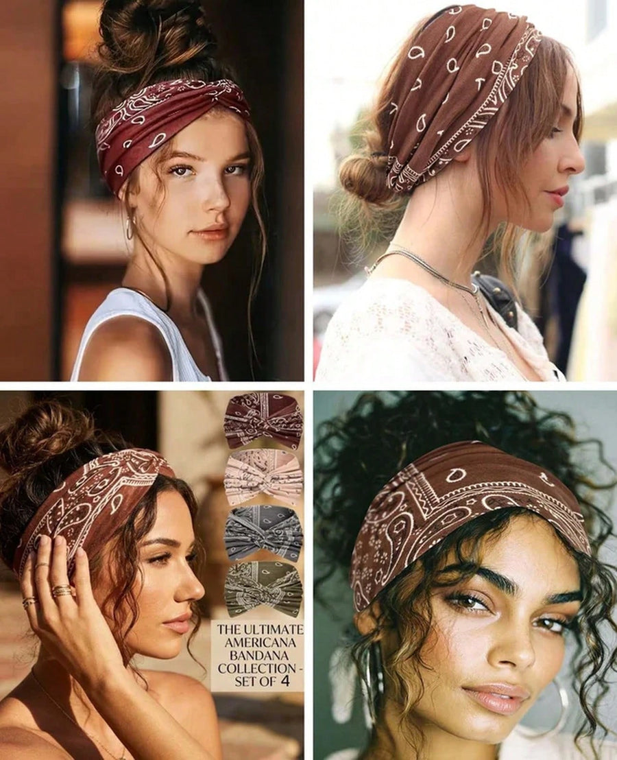 4-Pack Boho Paisley Wide Knotted Headbands for Women, Soft Non-Slip Hair Wraps