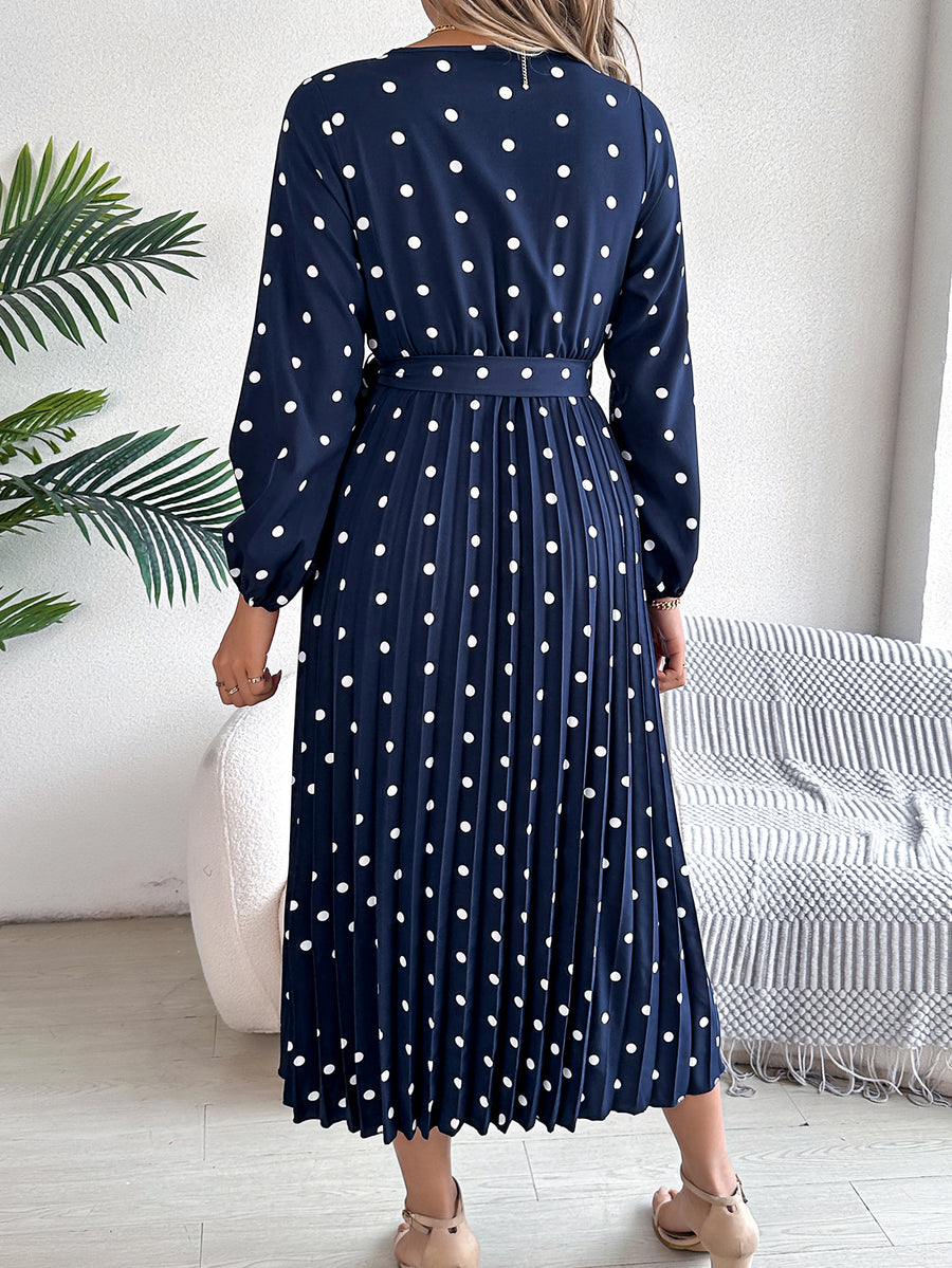 Women's Polka Dot Cross V-Neck Long Sleeve Pleated Maxi Bridesmaid Dress