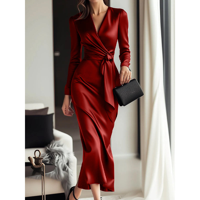 Women's Burgundy Satin V-Neck Long Sleeve Belted Bodycon Midi Cocktail Dress