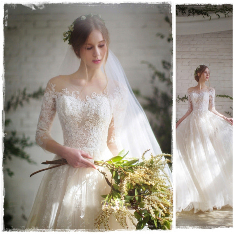 Elegant Lace Sleeve Wedding Dress for Brides – White, S-XL