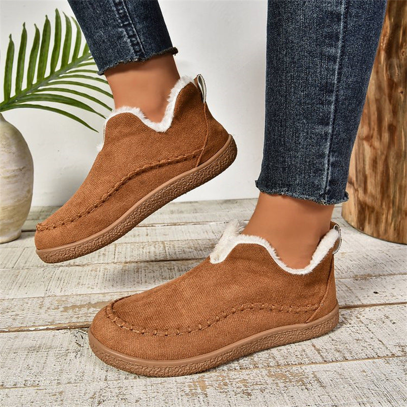 Women's V-Cut Plush Lined Suede Ankle Snow Boots, Warm Flat Winter Boots