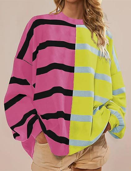 Women's Striped Knit Pullover Sweater Loose Long Sleeve Cozy Fall Top