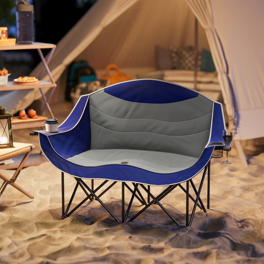 Padded Folding Double Camp Chair – 551 lb Capacity, Blue, Armrests, Cup Holders