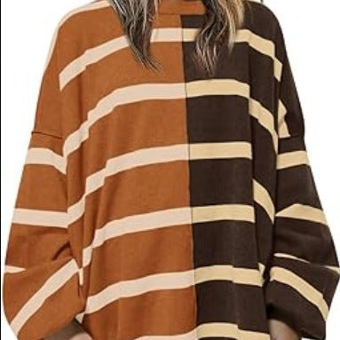 Women's Striped Knit Pullover Sweater Loose Long Sleeve Cozy Fall Top
