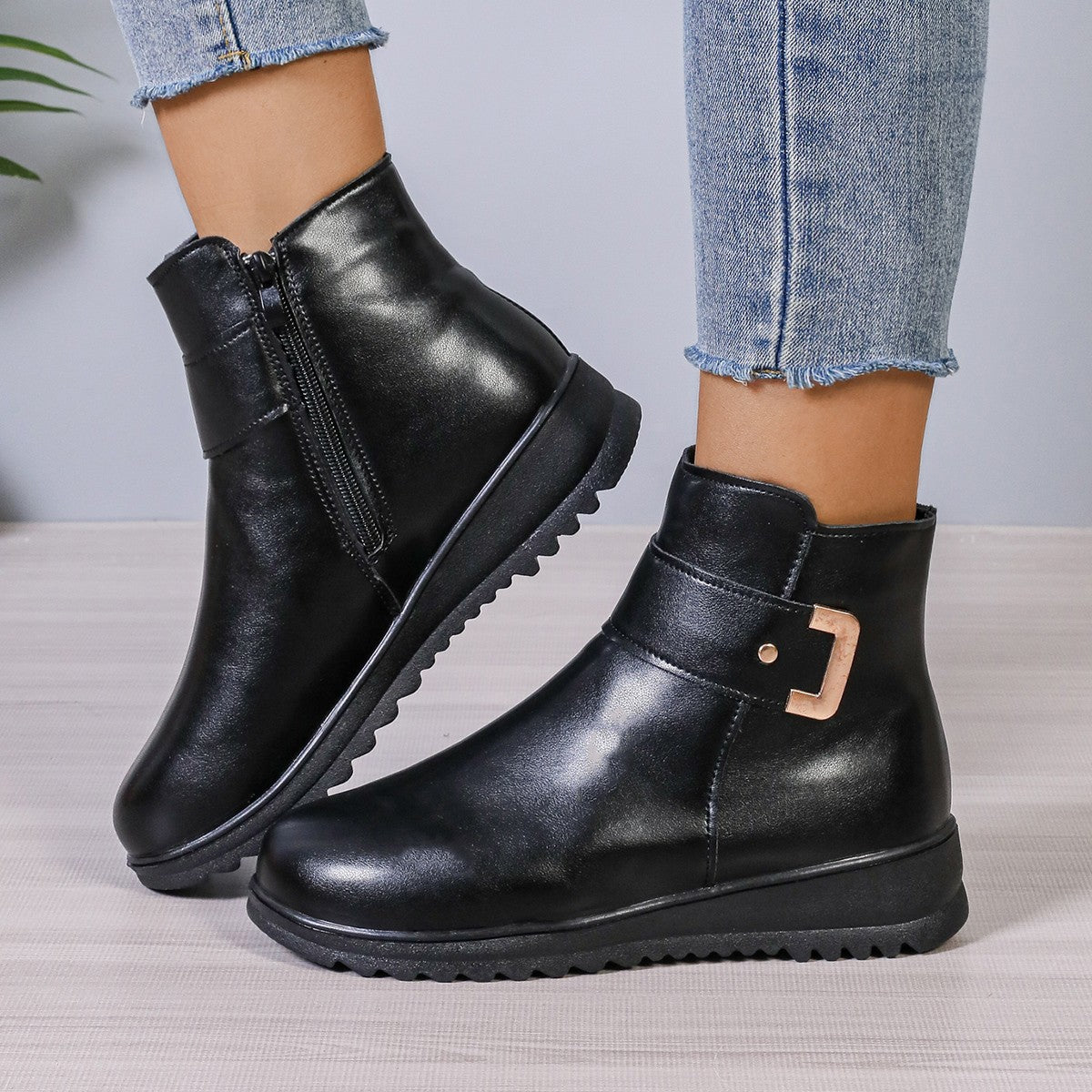 Women's Fleece Lined Non-Slip Ankle Boots with Side Zipper, Warm Winter Shoes