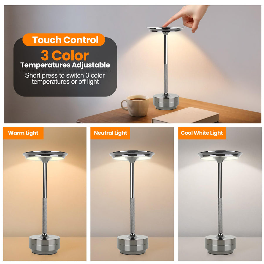 Rechargeable Cordless Aluminum Table Lamp, 5000mAh Dimmable 3-Color Touch LED Desk Lamp
