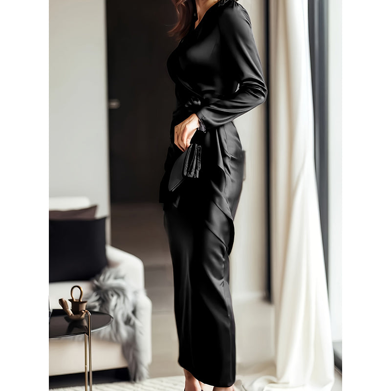 Women's Burgundy Satin V-Neck Long Sleeve Belted Bodycon Midi Cocktail Dress