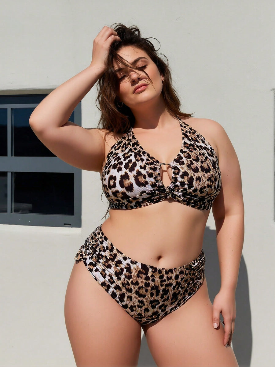 Plus Size Leopard Print Halter High Waist Bikini Set Two Piece Swimsuit