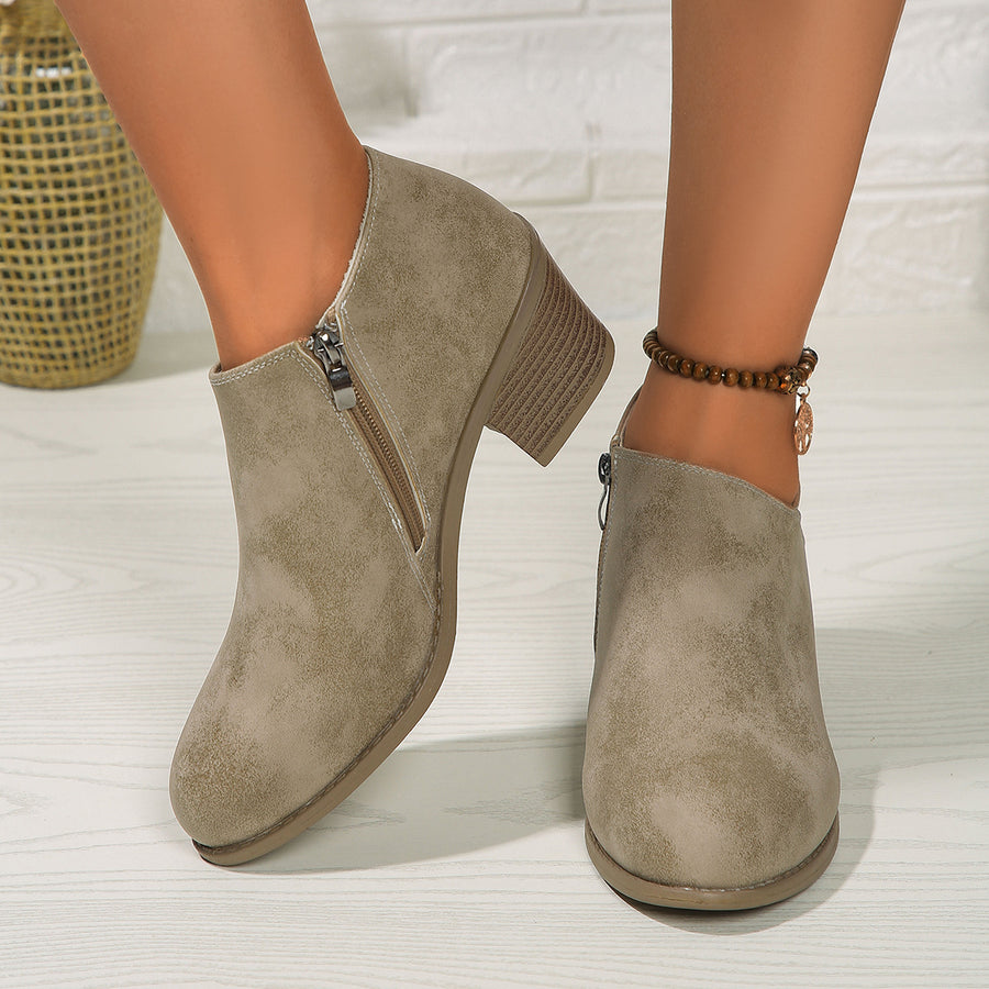 Women's Chunky Heel Round Toe Ankle Boots with Side Zipper, Fall Winter Booties