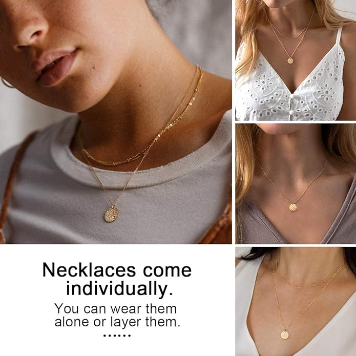 Hammered Coin Layered Necklace Set 14K Gold Plated Pearl Bar Ball Chain Choker