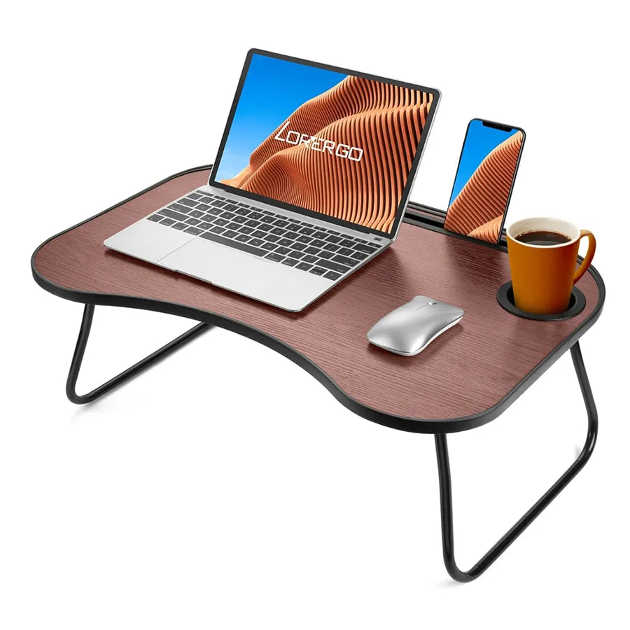 Foldable Wooden Laptop Lap Desk for Bed and Couch with Cup Holder, Black Walnut