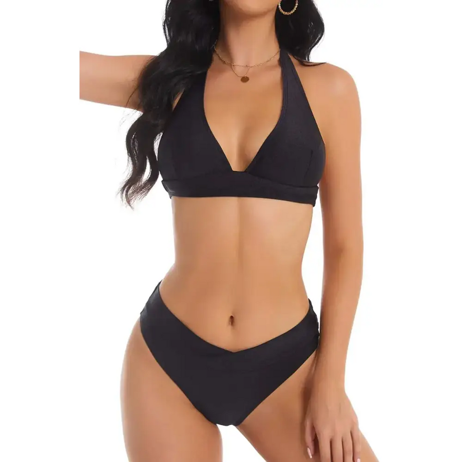Ensembles de Bikini Noirs à Bretelles avec Bas à Taille Haute