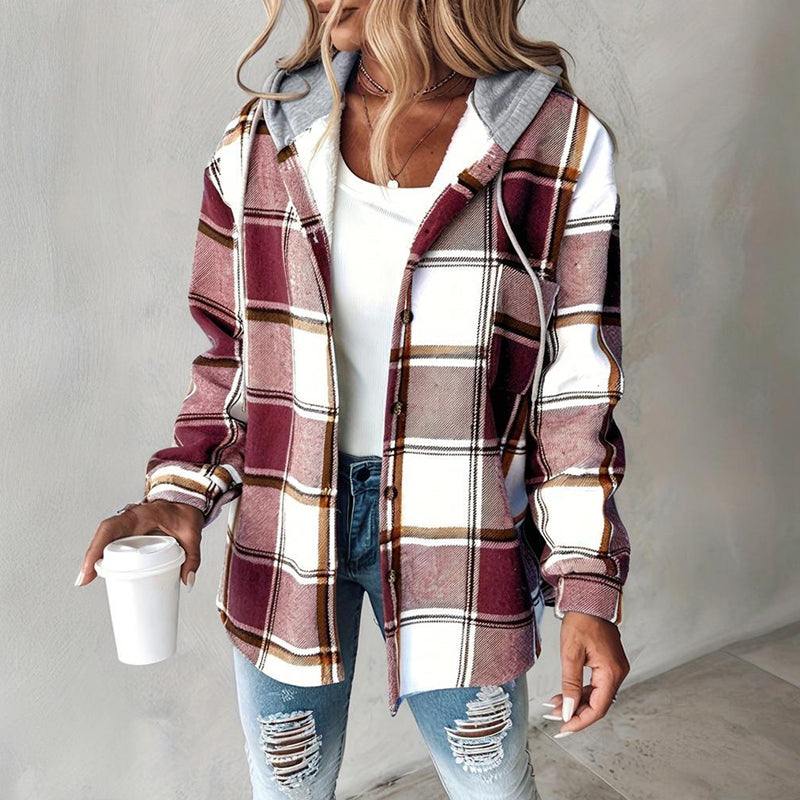Women's Hooded Plaid Shacket Button Down Drawstring Shirt Jacket with Pockets