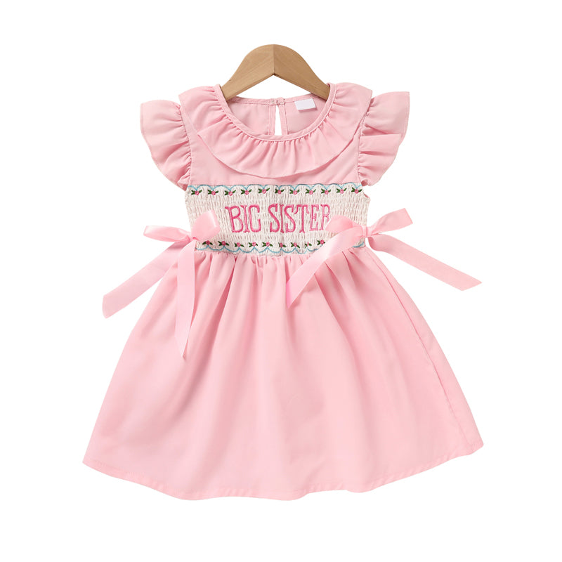 Girls Pink Ruffle Sleeve Lace Collar Dress with Bow Details