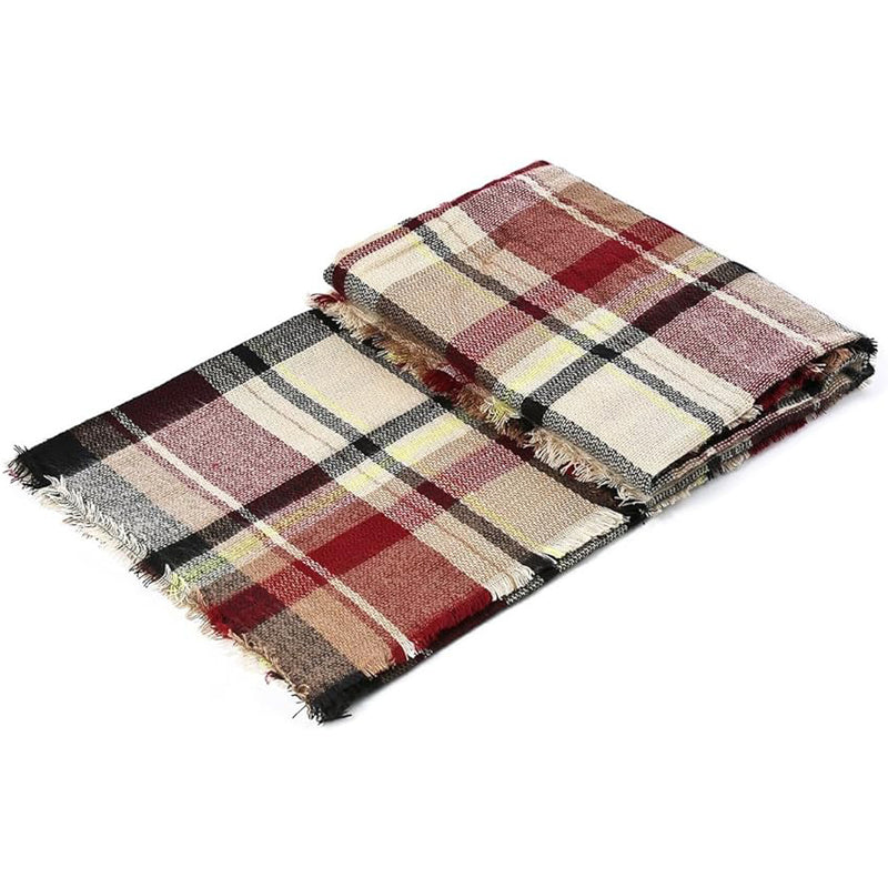 Women's Red Plaid Tassel Blanket Scarf 59x59in, Soft Warm Winter Shawl Wrap
