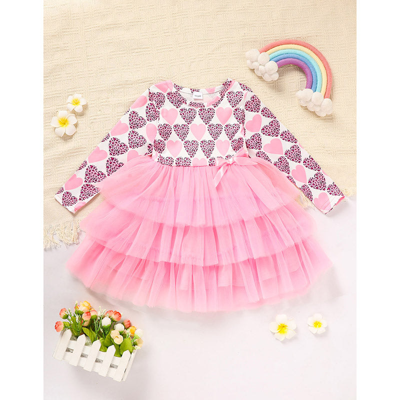Toddler Girls Long Sleeve Heart Print Tulle Party Dress