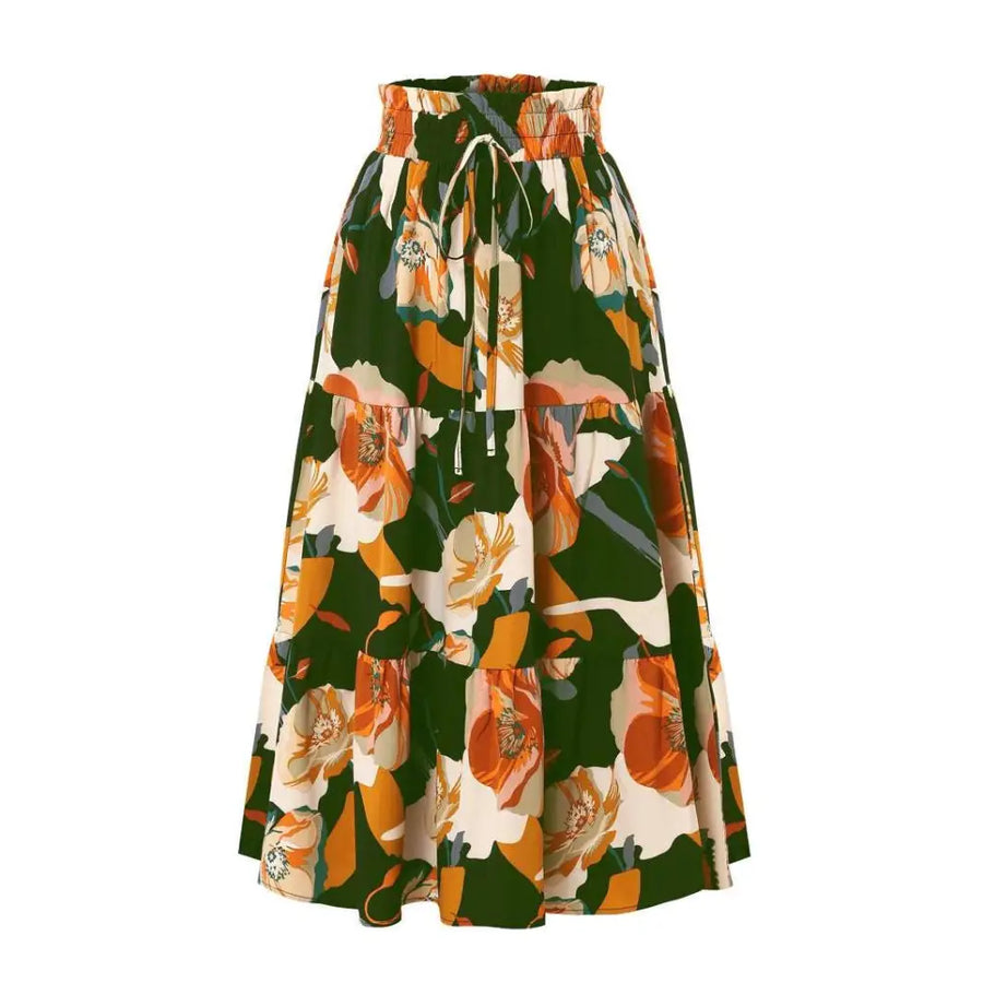Cream Tiered Pleated Floral Print Elastic Waist Skirt