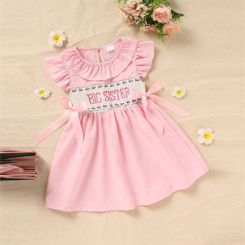 Girls Pink Ruffle Sleeve Lace Collar Dress with Bow Details